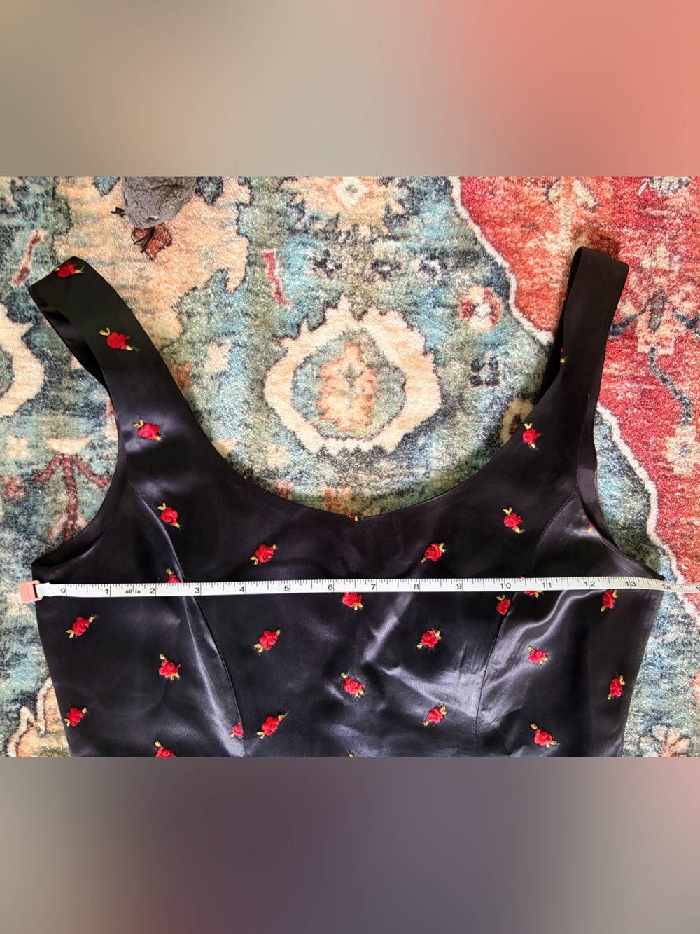 Rare! Vintage Betsey Johnson Black Satin Mini Dress with Red Rose Embroidery - Picture 10 of 11